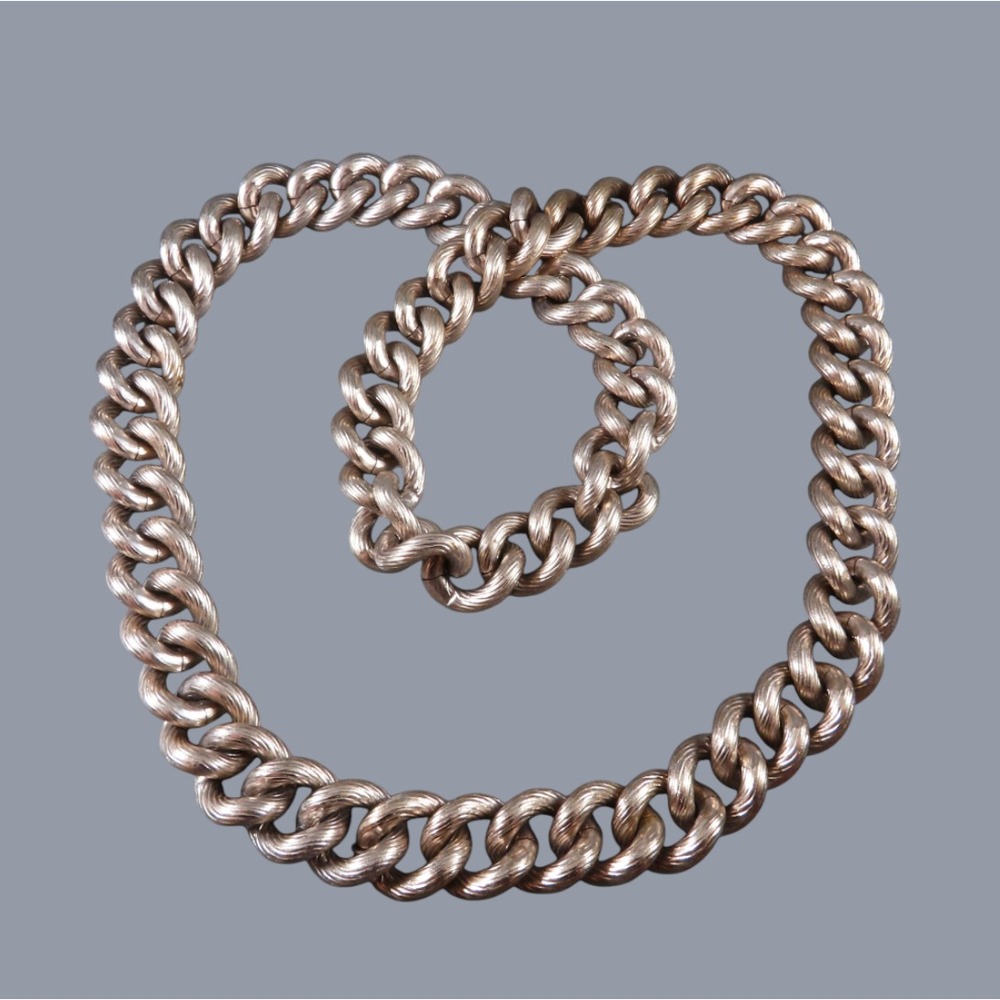 Vintage HEAVY LARGE FAT Puffy Textured Chain Links Necklace WARM SILVER TONE 34"